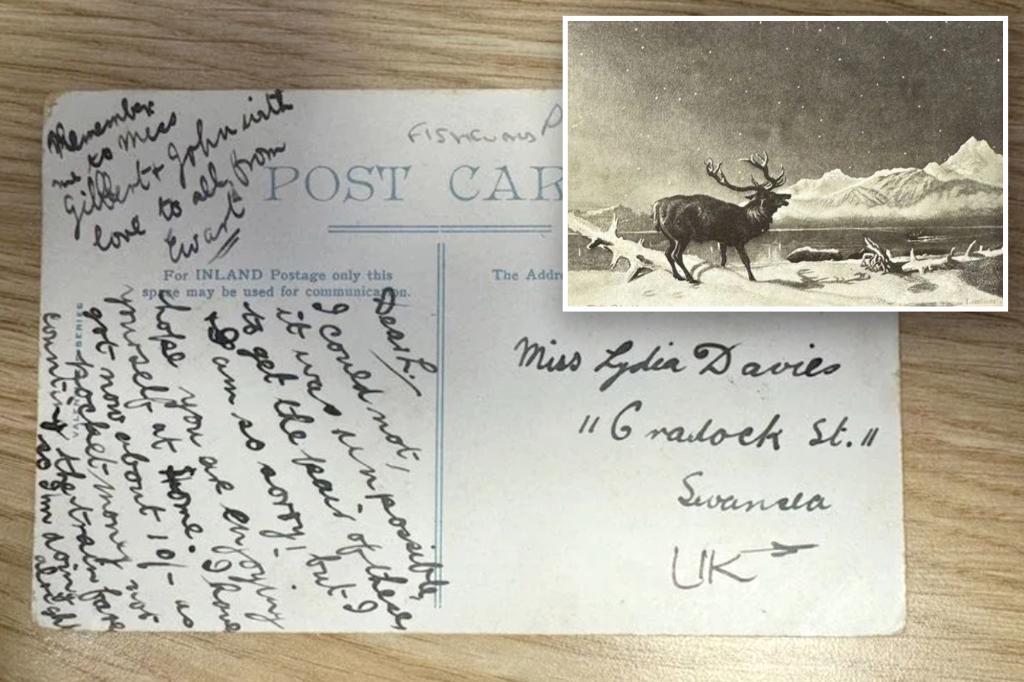 The postcard arrives at the address 120 years after it was mailed