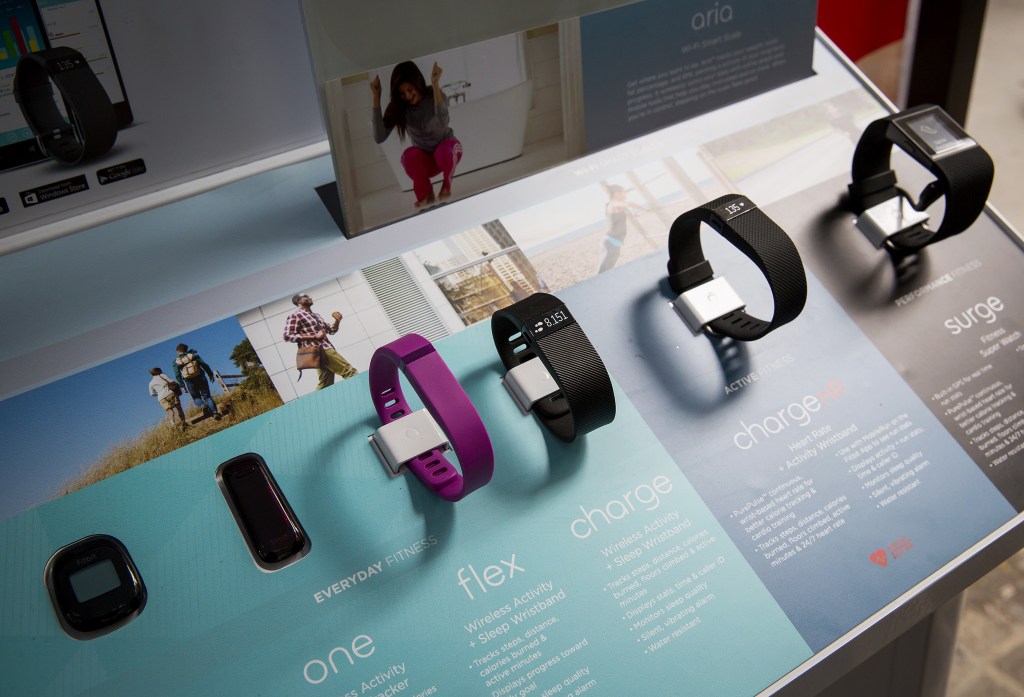 Fitbit products including the Ionic smartwatch displayed outside the New York Stock Exchange during the company's 2015 IPO event